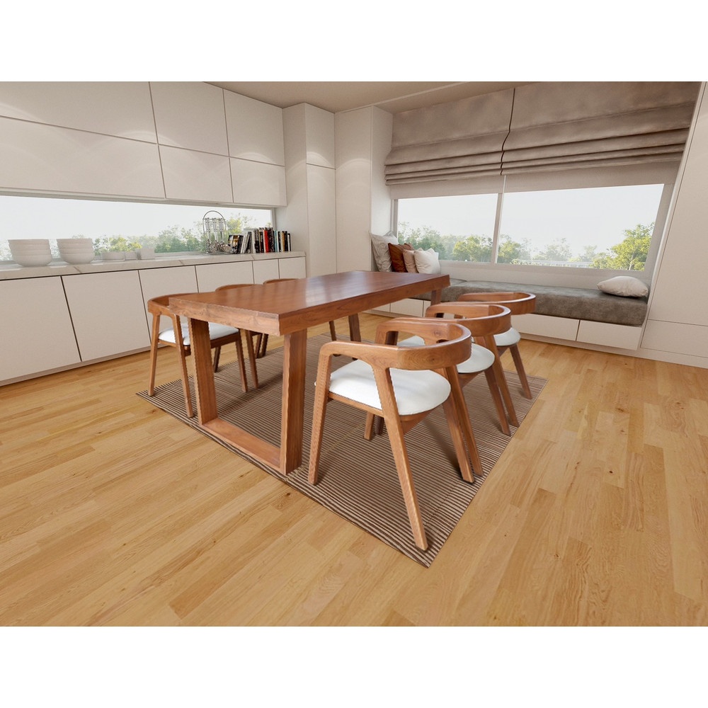 ชุดโต๊ะอาหารไม้สักแท้ รุ่นคางหมูเก้าอี้หลังโค้ง 6 ที่นั่ง ขนาด 200x90x80ซม. สีสักทอง สไตล์มินิมอล