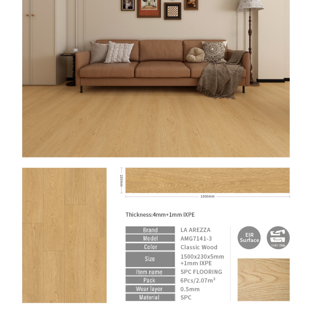 แผ่นปูพื้น SPC Click lock 230x1500x5มม +1มม IXPE รุ่น AMG7141-3 สี classic wood (2.07ตรม./6แผ่น)