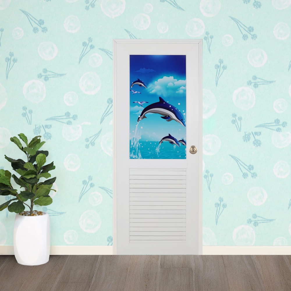 WELLINGTAN ประตู UPVC พร้อมวงกบ ติดภาพลายปลาโลมา รุ่น T-01 ขนาด 70x200 ซม. สีขาว (ไม่เจาะรูลูกบิด)