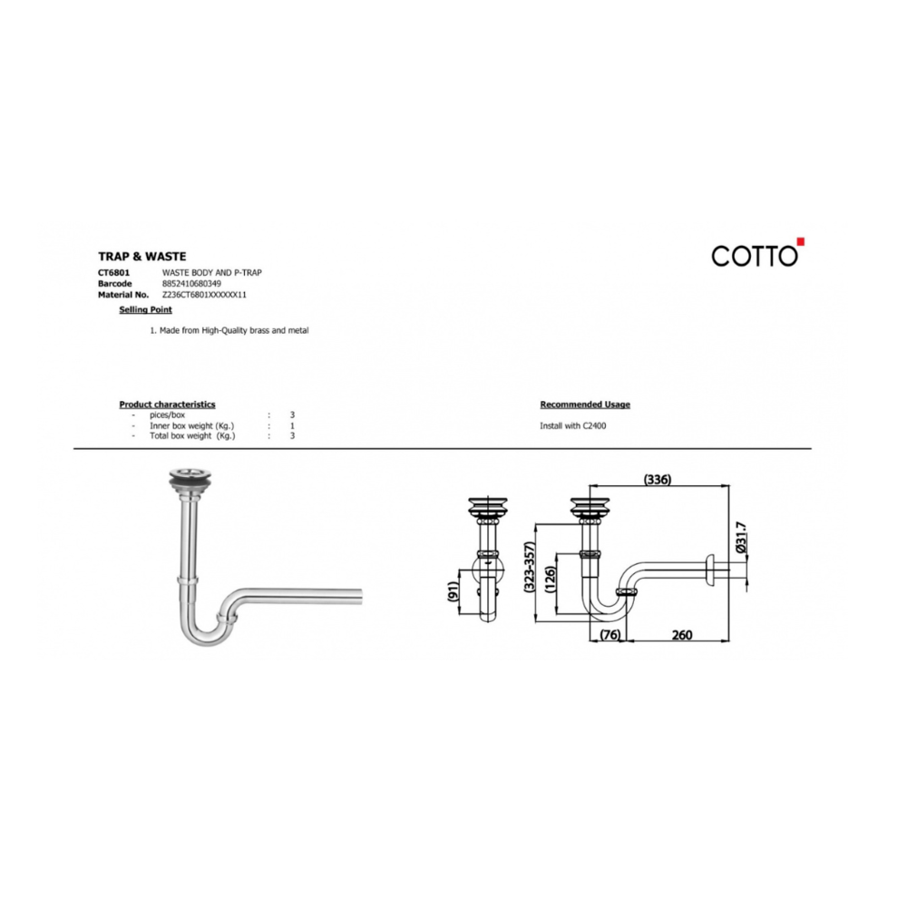COTTO สะดืออ่างล้างหน้าพร้อมท่อน้ำทิ้ง CT6801