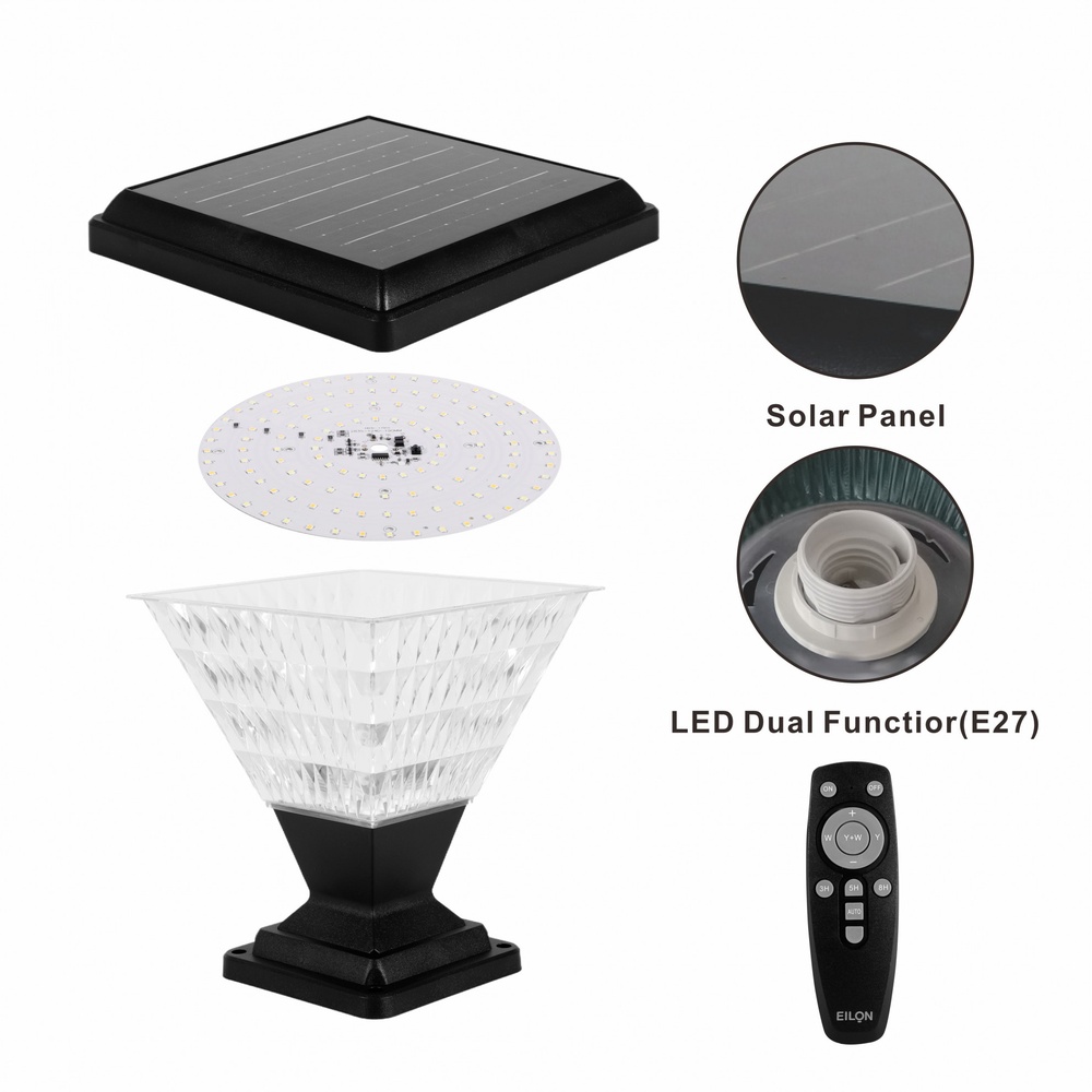 EILON โคมไฟหัวเสาโซลาร์เซลล์ Clara_S 20W ปรับไฟได้ 3 สี พร้อมรีโมทคอลโทรล รุ่น ETZT-DF225-FZW สีดำ