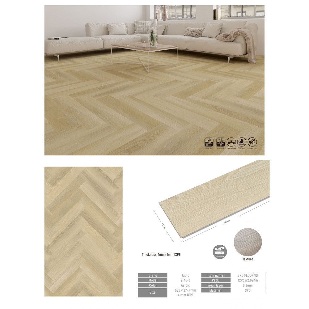 กระเบื้องยาง SPC Click lock 127x635x4+1mm มม รุ่น 29140-3 (1.774ตรม./22แผ่น) TAPIO สี Natural Oak ปูแบบก้างปลา (herringbone)