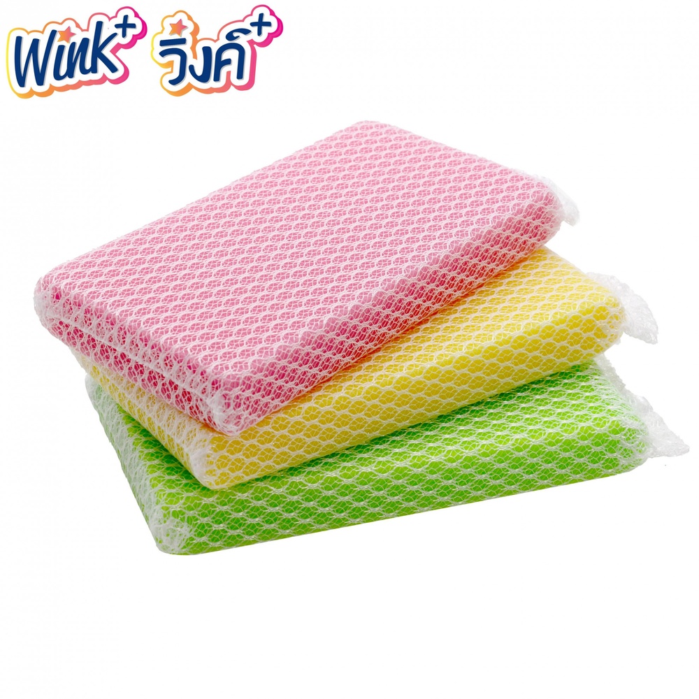 Wink Plus ฟองน้ำล้างจานหุ้มตาข่าย แพ็ค 3 ชิ้น ขนาด 15.5x8 ซม. คละสี