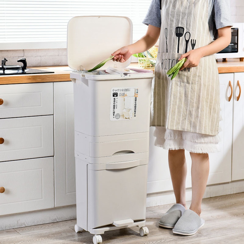 ICLEAN ถังขยะเหลี่ยม 42 ลิตร 2 ชั้น พร้อมลิ้นชักเก็บของ รุ่น 7024 ขนาด 28×42×84ซม. สีขาว