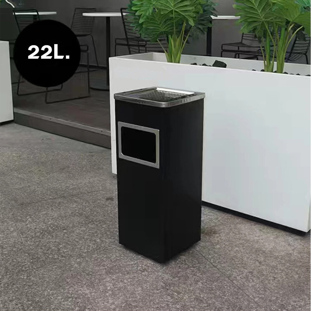 KLEANZY ถังขยะเหล็กเคลือบทรงเหลี่ยม . พร้อมที่เขี่ยบุหรี่ A-24C ขนาด 24×24×61ซม สีดำ