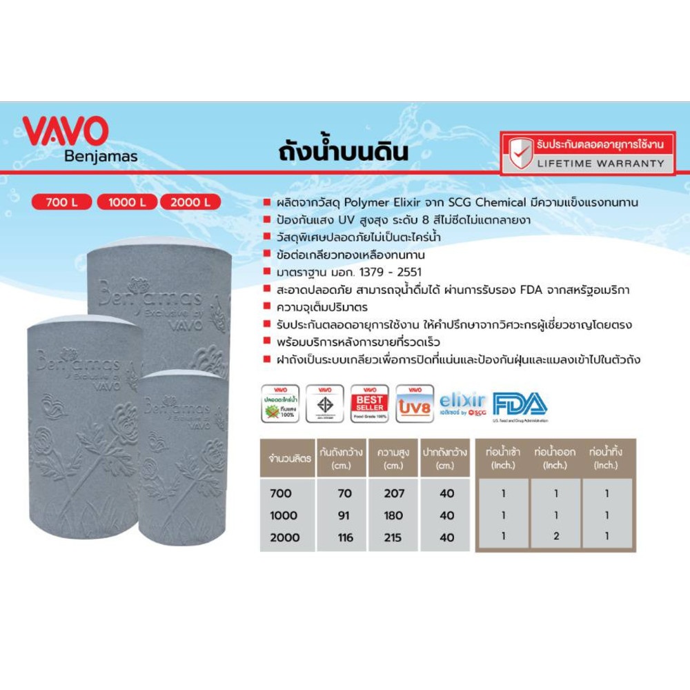 VAVO ถังเก็บน้ำบนดินแกรนิต 700L รุ่น Benjamas